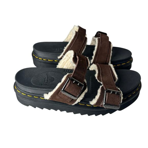 Dr. Martens Myles Suede Fur Lined Buckle Slide Sandals Dark Brown Size 10 - Picture 5 of 8